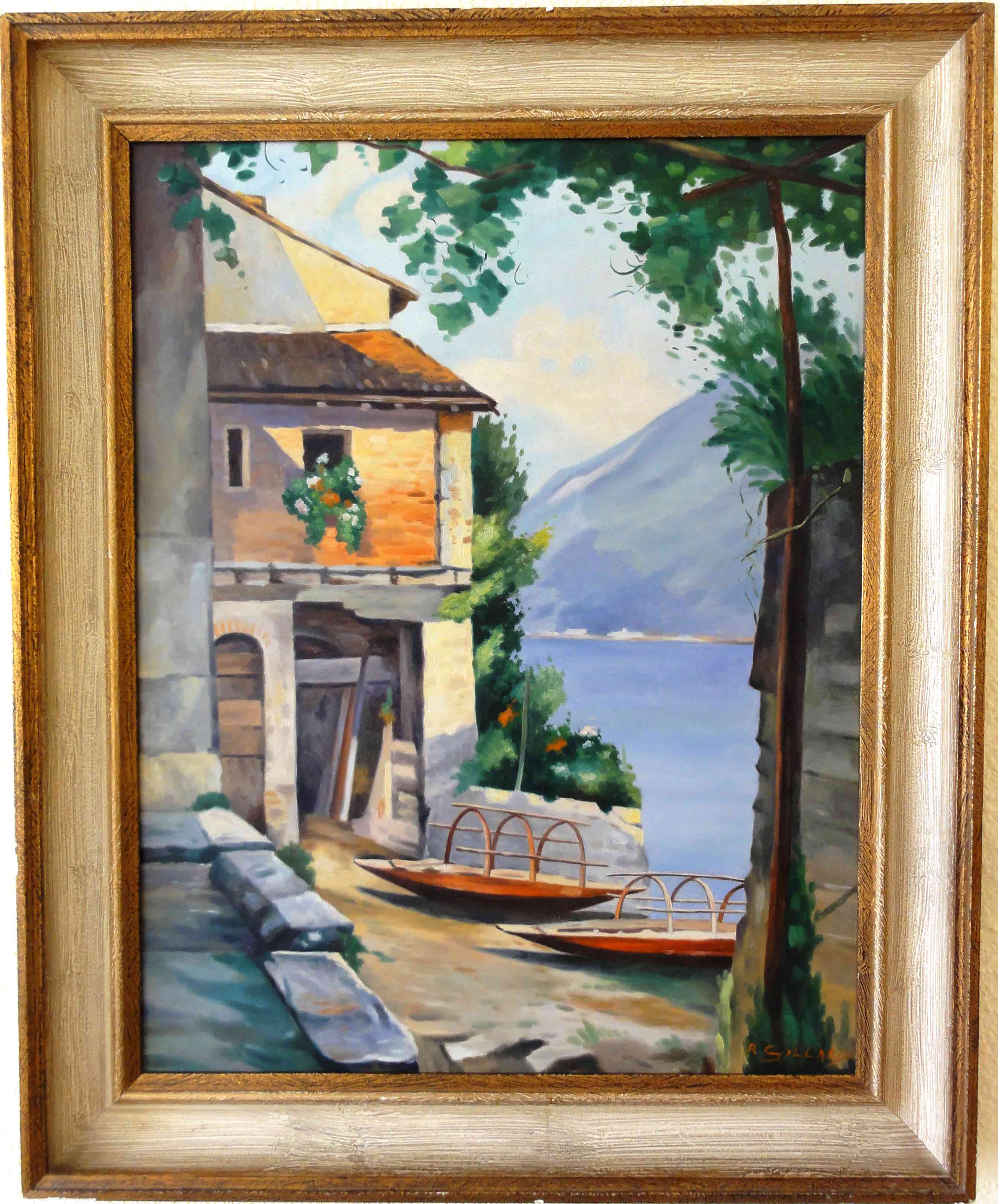Paisaje del lago de Lugano, barcas y montañas